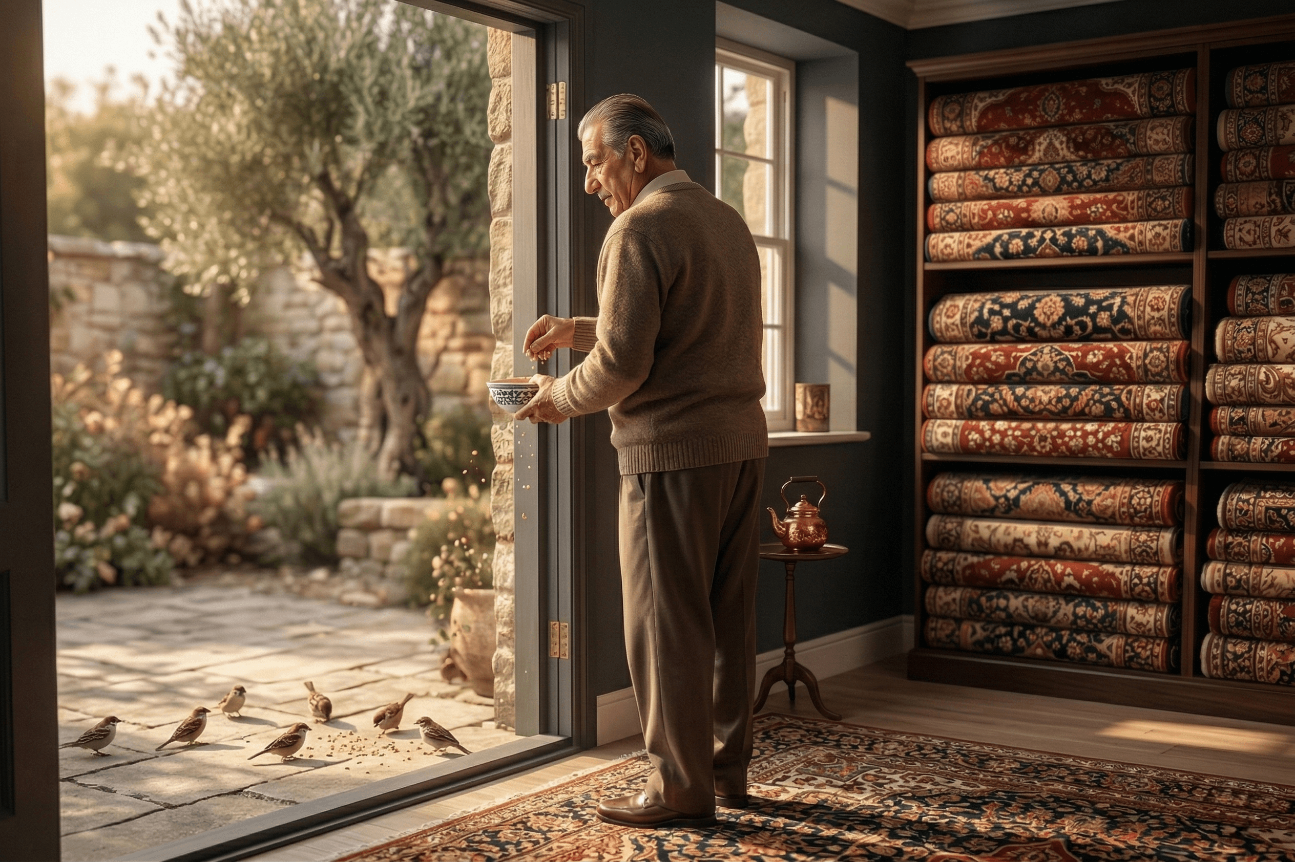 A man feeding birds at the doorway of his rug collection, surrounded by shelves of fine handmade rugs
