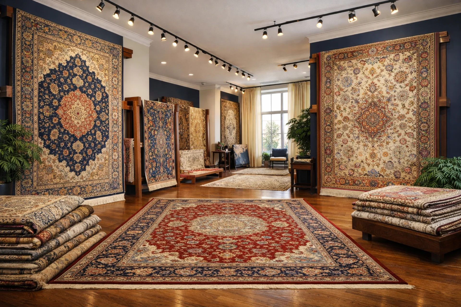 Luxury rug showroom with fine handmade oriental rugs on display
